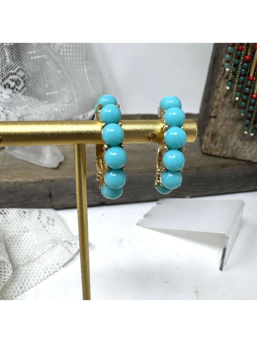 Turquoise Beaded Gold-Tone Hoop Clip-On Earrings - Bold & Vintage Jewelry
